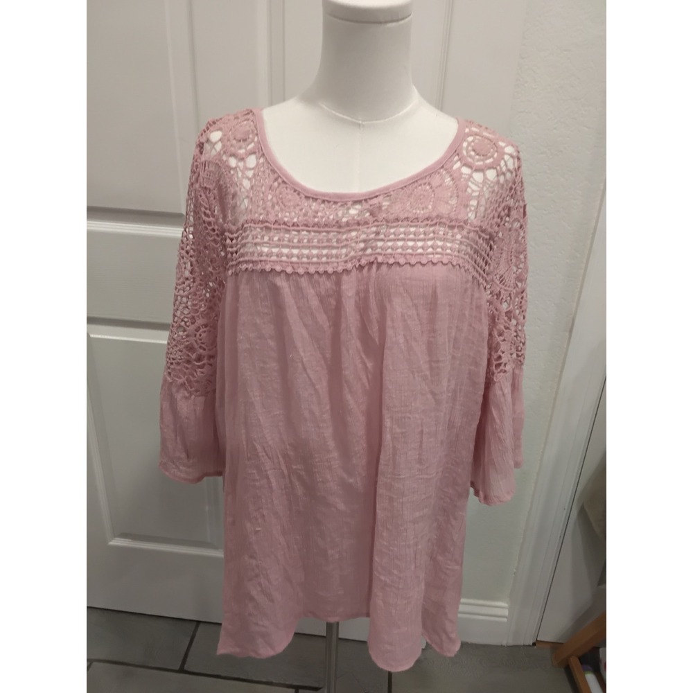 Forgotten Grace Pink Crochet Lace Boho Tunic Top 3/4 Bell Sleeve‎ Womens 1X